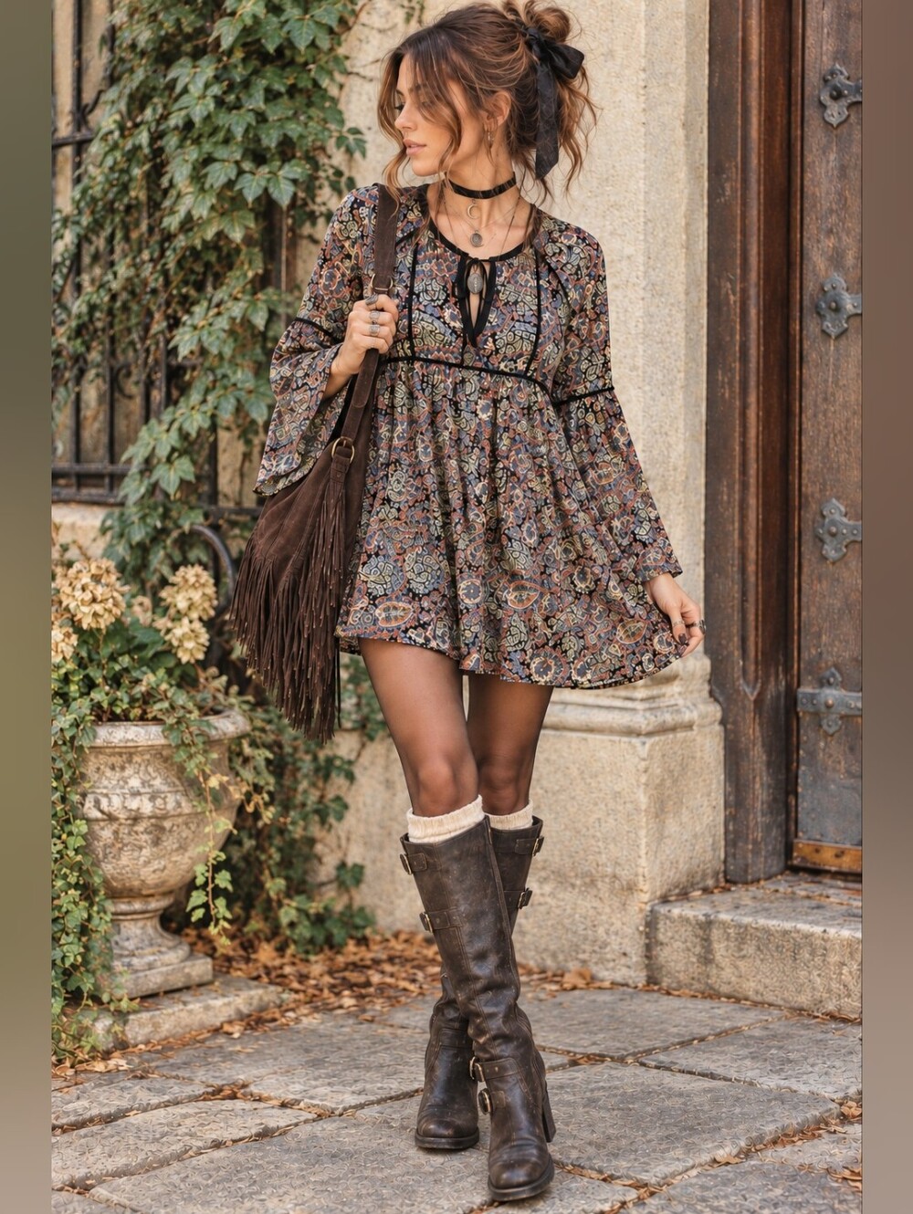 American Eagle Whimsigoth Paisley Mini Dress Velvet Trim Bell Sleeve Boho XS
